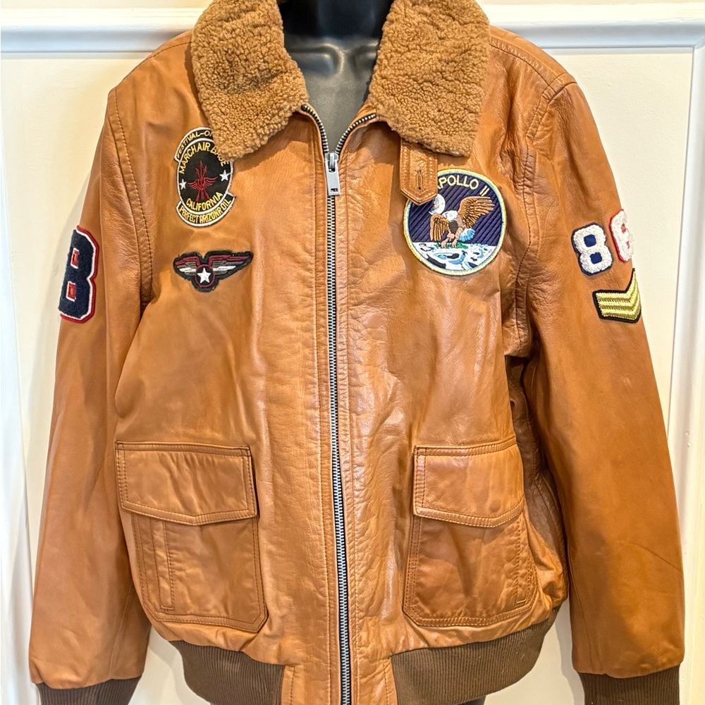 Wilson's Brown Leather Bomber Jacket with Patches XXL.